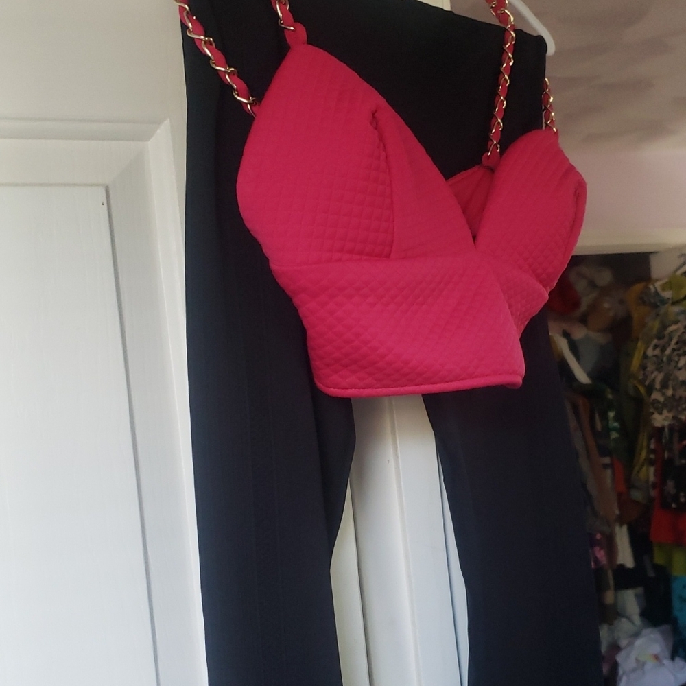 EUC..WORKOUT Pants & Pink Quilted Crop Top with Chain Straps